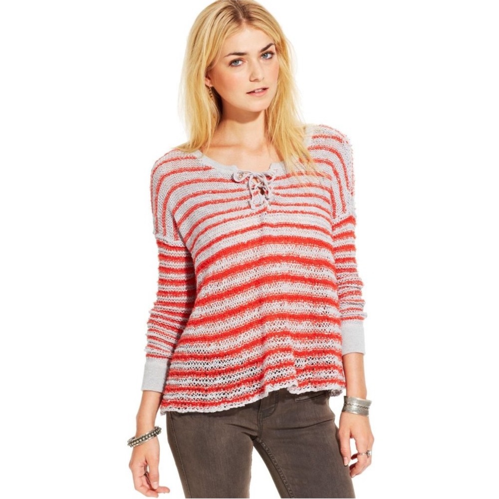 Free People Women M Open Crochet Knit Judy Punk Orange‎ Striped Lace Up Sweater - Picture 8 of 13